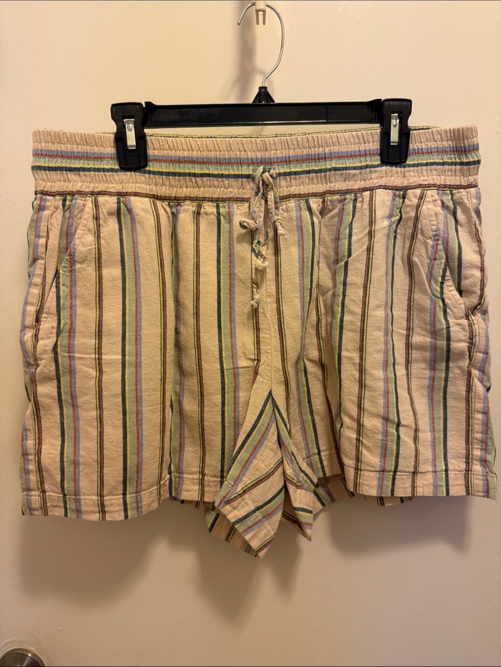 CAbi Beige Multi-Stripe Drawstring Athletic Shorts